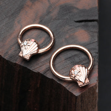 Detail View 1 of Rose Gold Ariel's Seashell Steel Captive Bead Ring-Clear Gem